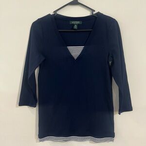 Lauren Ralph Lauren navy blue 3/4 sleeve top shirt v neck petite Medium